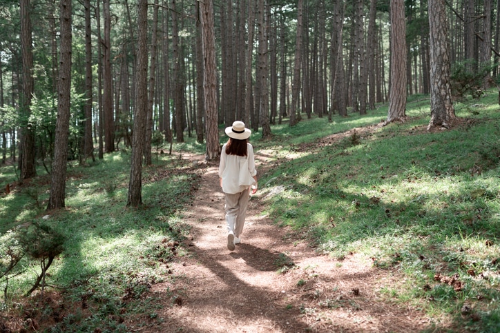 Back view of a young woman walking in a summer forest in white clothes and a straw hat in the sun. Travel and healthy lifestyle, enjoying nature